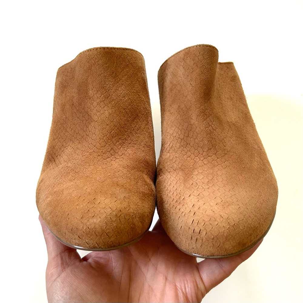 Calvin Klein Cognac Brown Leather Suede Snakeskin Embossed Heeled Judia Mules - Picture 3 of 11